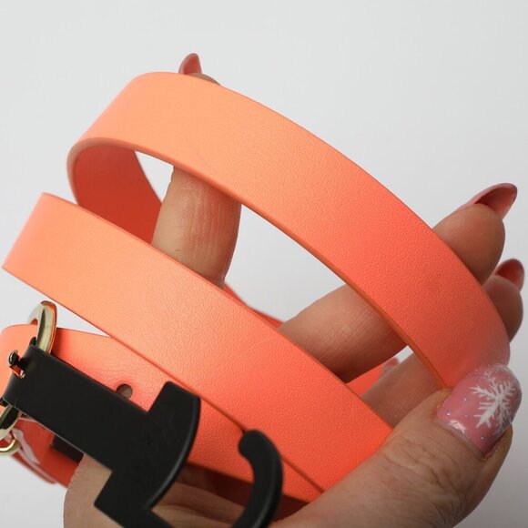 H&M Faux Leather Skinny Belt Bright Hot Coral Neon Orange Peach Gold Vegan - Picture 4 of 10